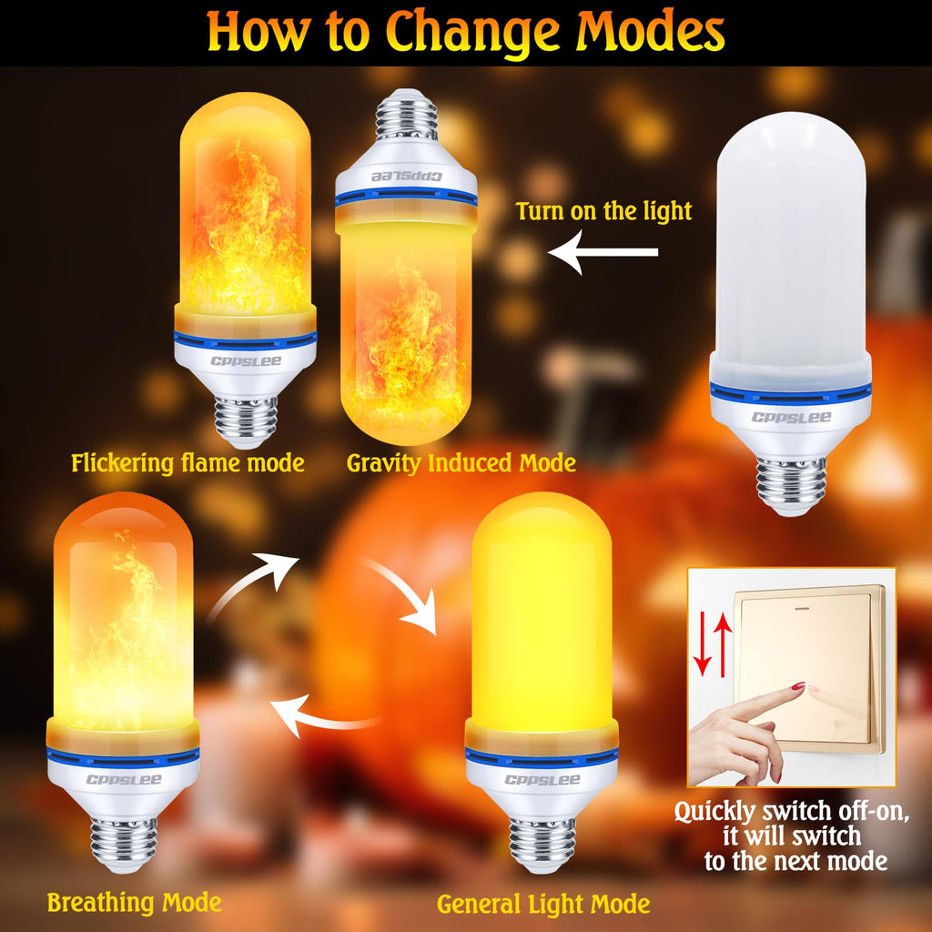 CPPSLEE LED Flame Light Bulbs, 4 Modes Flickering Light Bulbs, E26 Base Fire Flame Bulb, Halloween Decorations Outdoor Indoor, Halloween Light Bulbs (Yellow, 2 Pack)