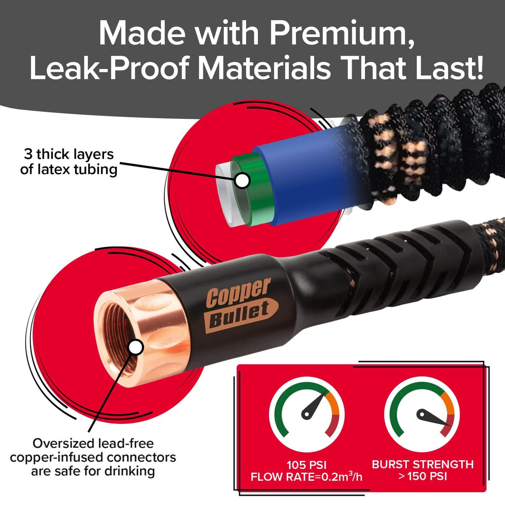Pocket Hose Copper Bullet Expandable Garden Hose 25 FT w/10 Pattern Thumb Spray Nozzle AS-SEEN-ON-TV 650psi 3/4 in Patented Lead-Free Ultra-Lightweight Solid Copper Anodized Aluminum Fittings No-Kink