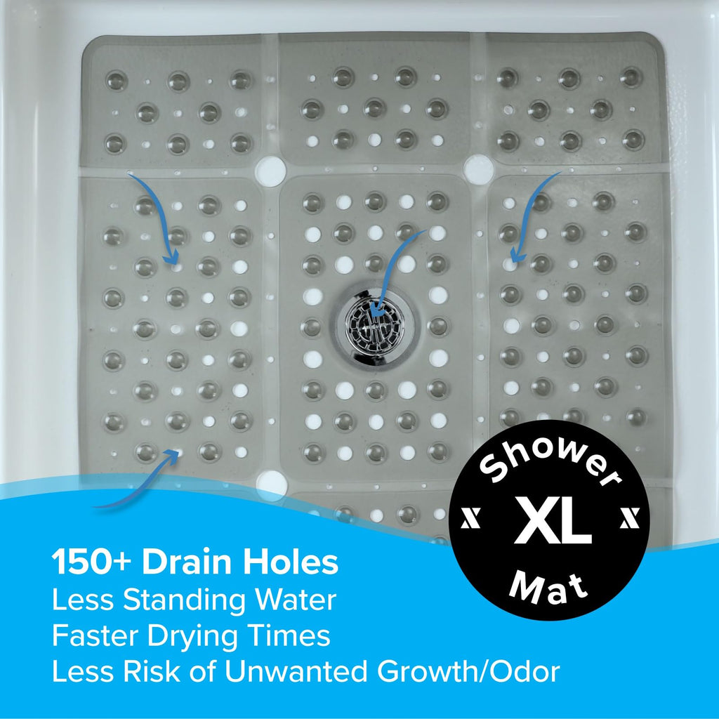SlipX Solutions Extra Large Square Shower Mat, 27"x27", Non-Slip Stall Mat for Elderly & Kids Standing Bath Tub Mat, Machine Washable, Suction Cups, Translucent Gray