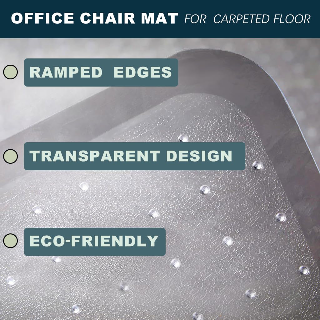Kuyal Office Chair Mat for Carpet, Desk Computer Chair Mat for Carpet, 45" X 53" Transparent PVC Home Office Floor Mat On No Pile, Low Pile Carpet (45" X 53" with Lip)