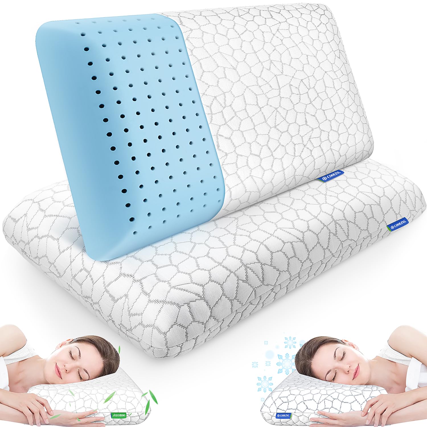 CushZone Memory Foam Pillows for Sleeping, Cooling Pillow with Removable and Machine Washable Cover, Bed Pillow for Side, Back and Stomach Sleepers, King Size (2 Pack)