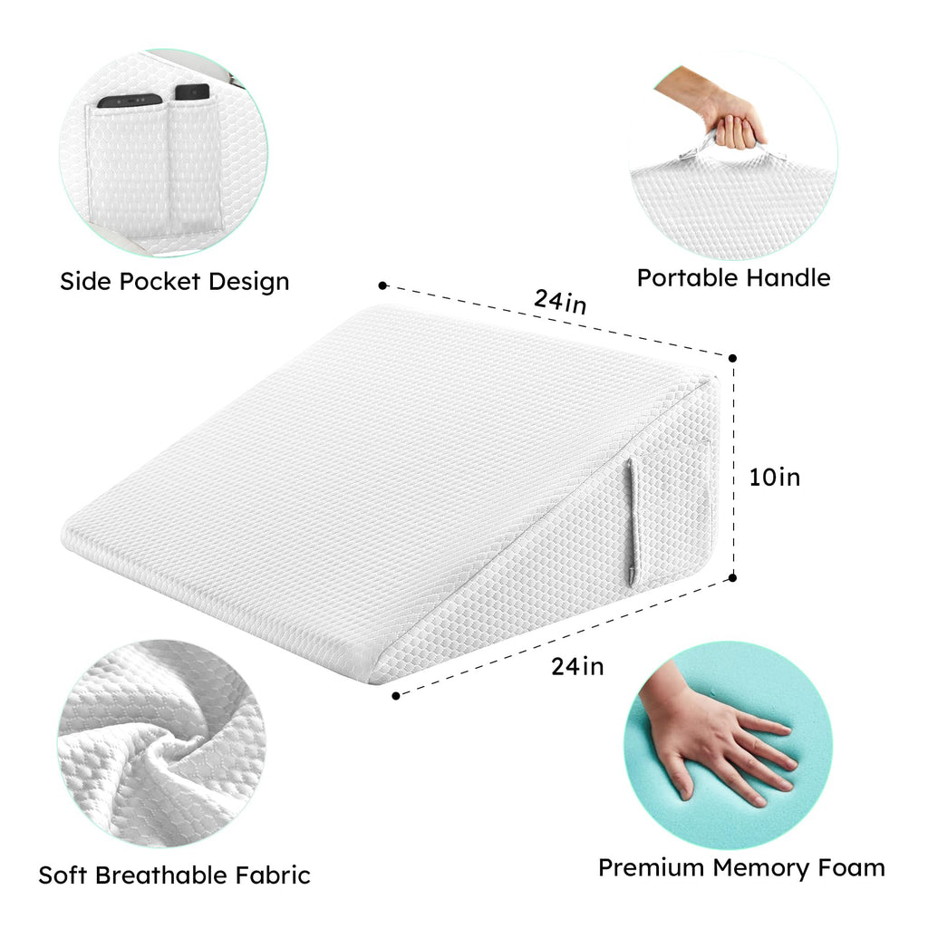 Bedluxe Wedge Pillow for Sleeping, 10 inch Elevated Support Bed Wedge Pillow, Breathable Triangle Pillow Wedge with Cooling Memory Foam Top - Removable Washable Cover, White
