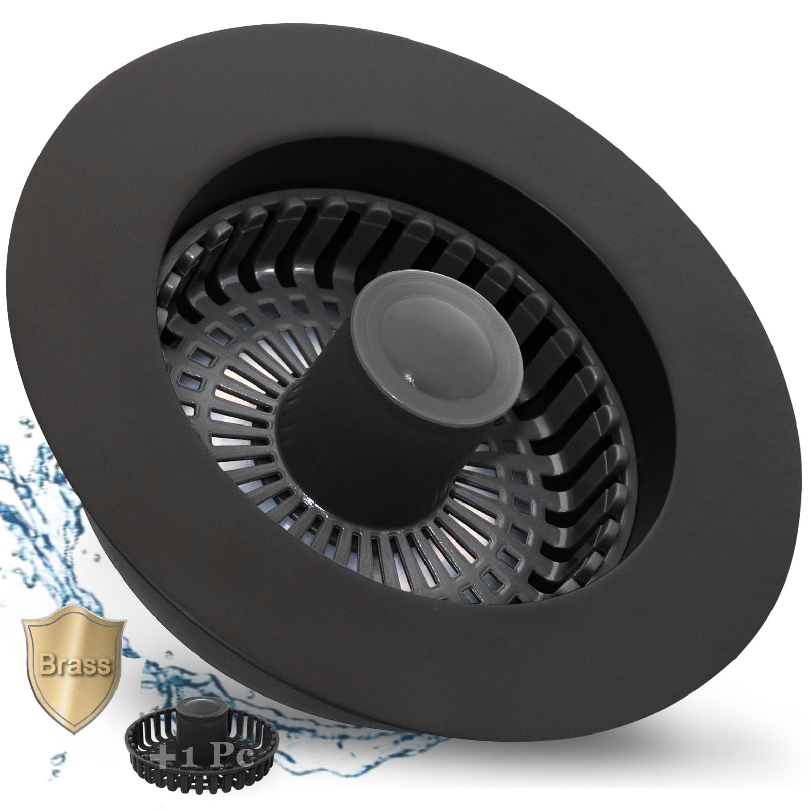 BAOLSLS 3 in 1 Kitchen Sink Stopper, Pop Up Kitchen Sink Drain Strainer, with an Extra Basket Strainer, Kitchen Sink Drain Stopper for US Standard 3-1/2 Inch, Brass Material Electroplate Black