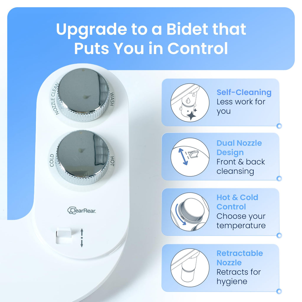CLEAR REAR Bidet Attachment for Toilet Seat -Non-Electric with Self Cleaning Nozzles, Leak Proof Connectors, Adjustable Water Spray, Rear & Feminine Wash - Toilet Bidet Upgrades (Cold & Warm Water)