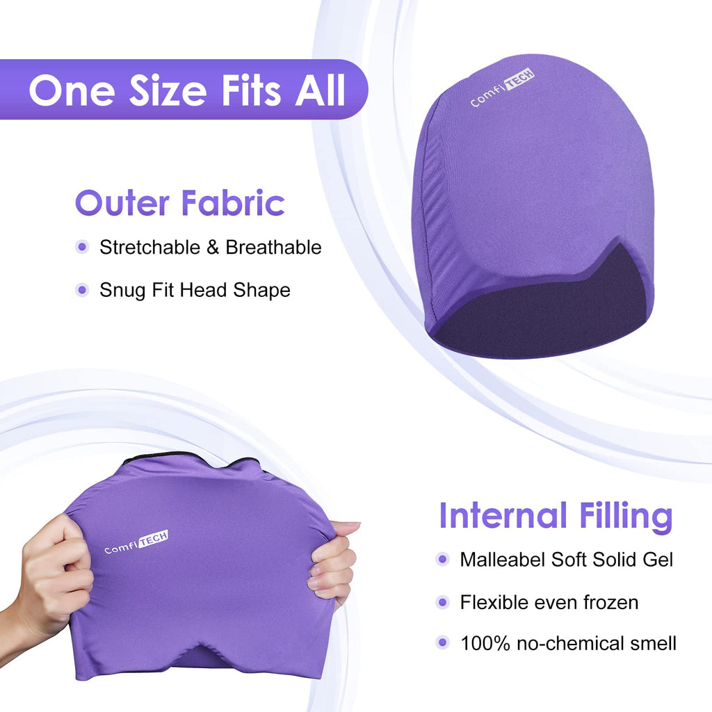 Comfitech Migraine Ice Head Wrap, Headache Relief Hat for Migraine Cap for Tension Puffy Eyes Migraine Relief Cap for Sinus Headache and Stress Relief Cold Compress (Medium Black & Purple)