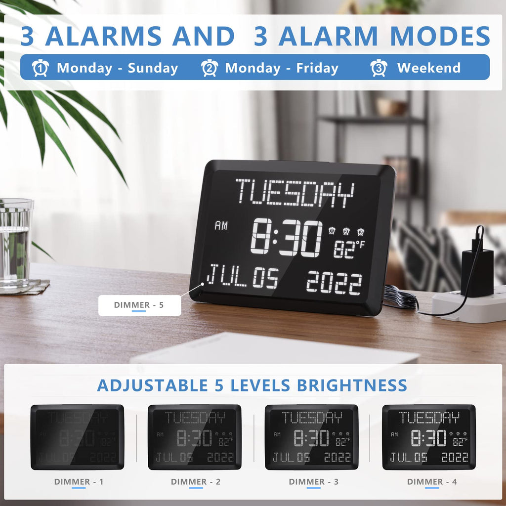 Raynic Digital Clock, 11.5" Large Display Digital Wall Clock,Adjustable Brightness Calendar Clock with Day and Date, Indoor Temperature, Snooze,12/24H, DST for Home, Office, Elderly