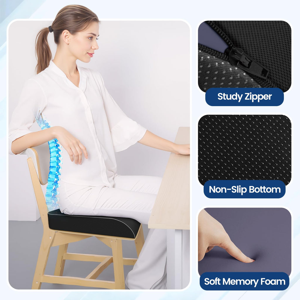 SweetSlubr Seat Cushion for Taibone Pain Relief, Office Chair Cushion, Memory Foam Large Chair Cushion with Non-Slip Cover for Soft Support at Office Chair, Car Seat, Airplane, Bleacher Black/Large