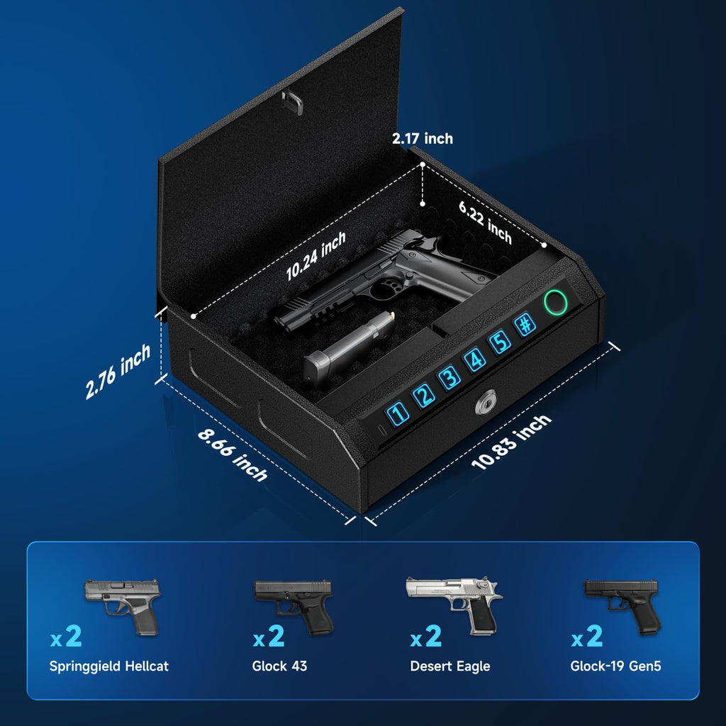 Gun Safe for Handgun, Biometric Handgun Safe with Stealth Mode Quick Access with LED Light, 3-Way Unlock Fingerprint Digital PIN Key Pistol Safe, Handgun Safe Lock Box with Carbon Steel Cable for Car