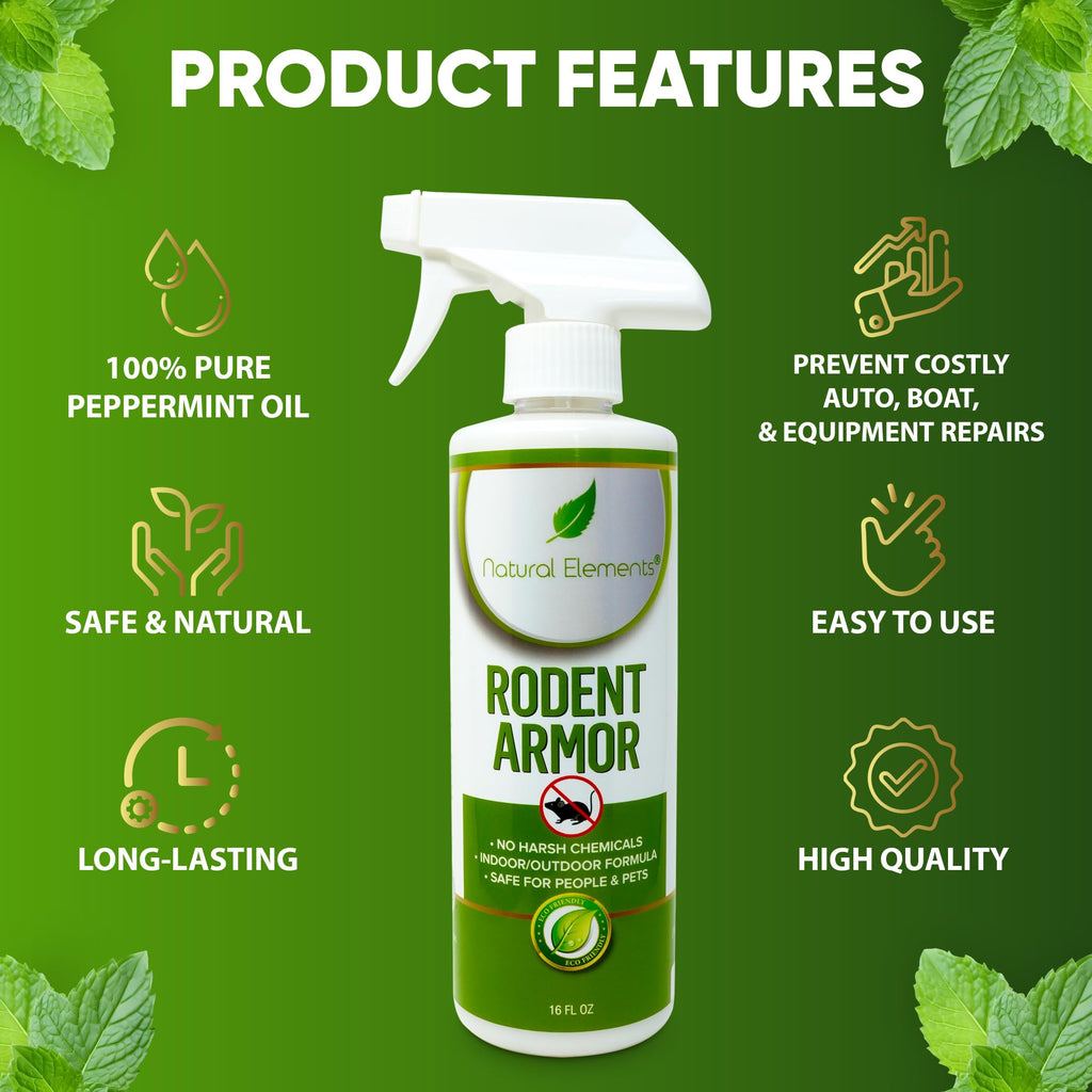 Natural Elements Rodent Armor- Premium Peppermint Oil Mouse Repellent Spray- Vehicle, Boat, RV, Tractor, Equipment - All Natural - Child and Pet Safe - Indoor/Outdoor Spray - 16 oz