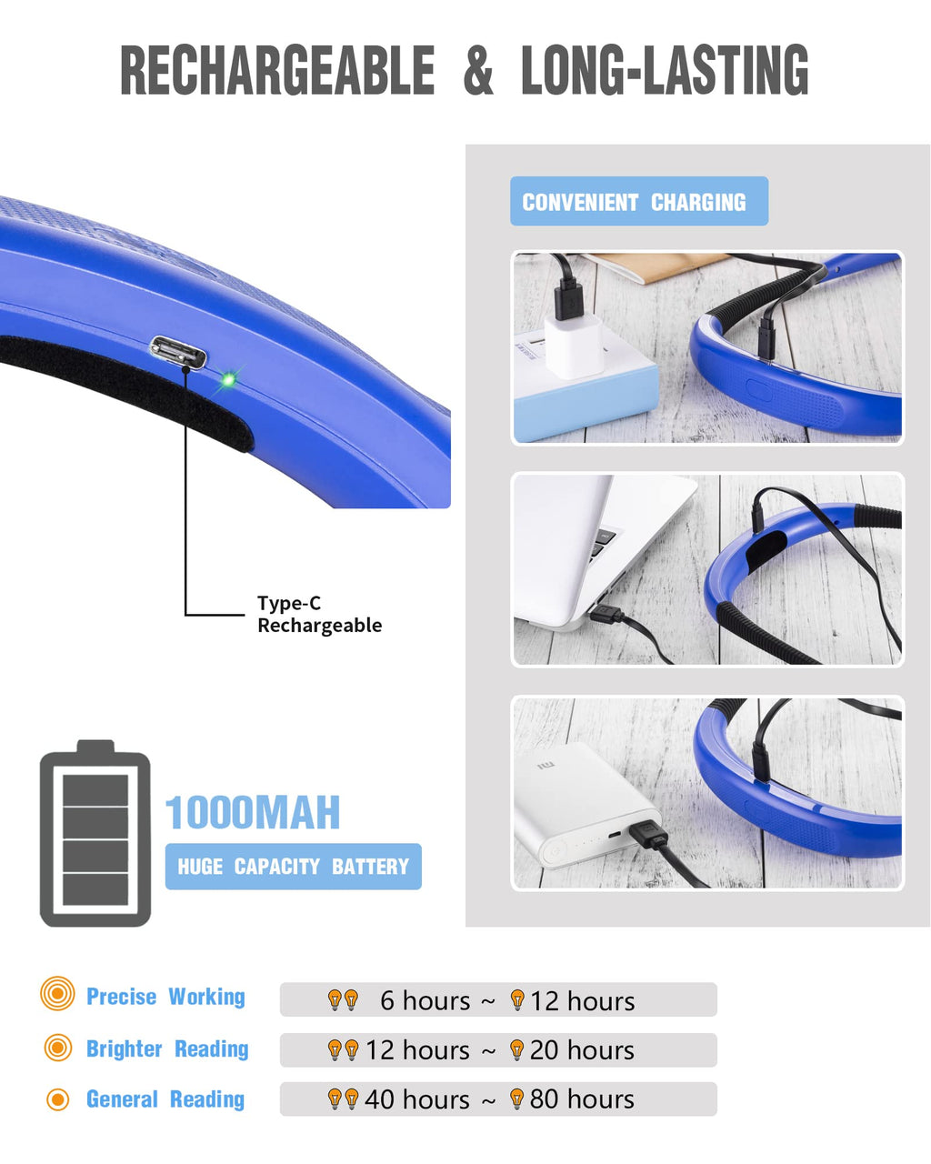 Glocusent Book Light, 3-Color & 6-Brightness Reading Light, Bendable Neck Light, 80-hr Lasting Rechargeable Lamp, Perfect Book Light for Reading in Bed, Knitting, Camping, Repairing, Book Lovers Gifts