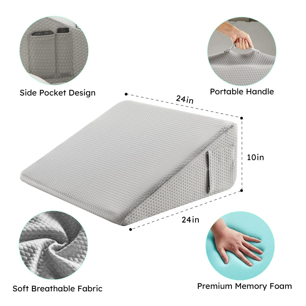 Bedluxe Wedge Pillow for Sleeping, 10 inch Elevated Support Bed Wedge Pillow, Breathable Triangle Pillow Wedge with Cooling Memory Foam Top - Removable Washable Cover, Grey