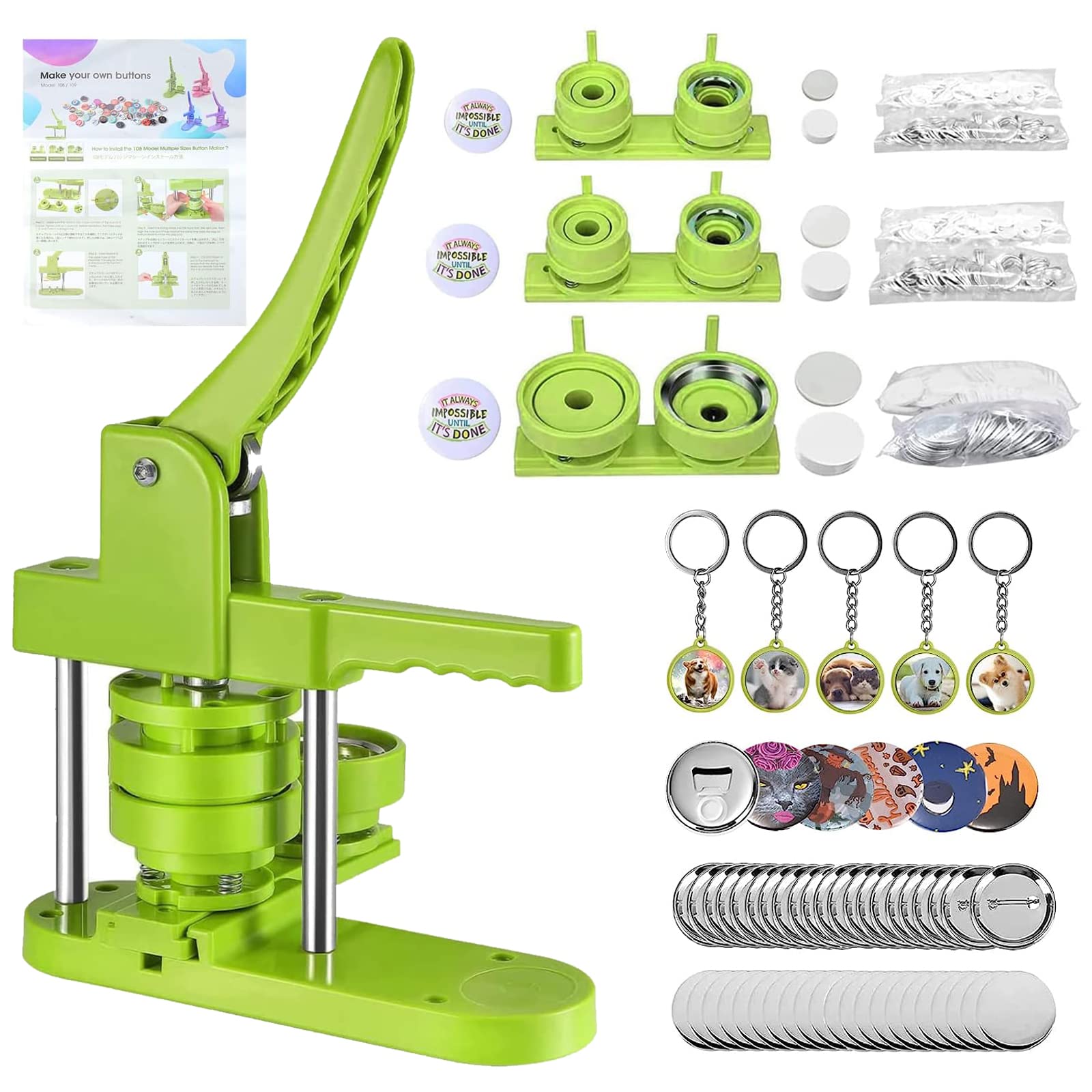 Button Maker Machine Multiple Sizes 330 Sets, Pin Maker 1''+1.25''+2.25'' Button Making Supplies, DIY Pinback Button/ Keychain Badge/ Bottle Opener Button/ Fridge Magnet Button for Christmas Party