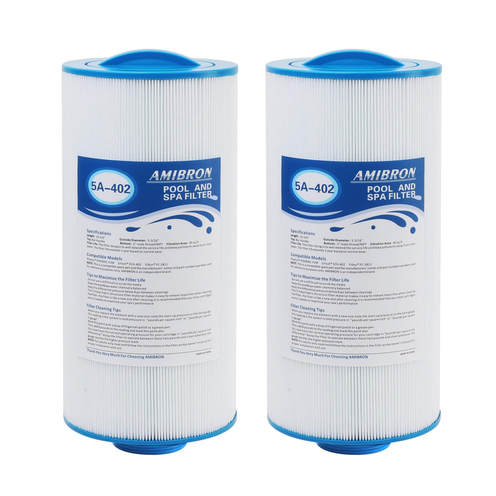AmiBron 5CH-402 Replaces Tuff Spa Filter, Compatible with Sundance Spas 6540-723, Pleatco PJW40SC-F2M, Filbur FC-2811, Unicel 5CH-402, Del Sol Spas, 2" Male Thread/MPT 40 sq.ft. Hot Tub Filter 2 Pack