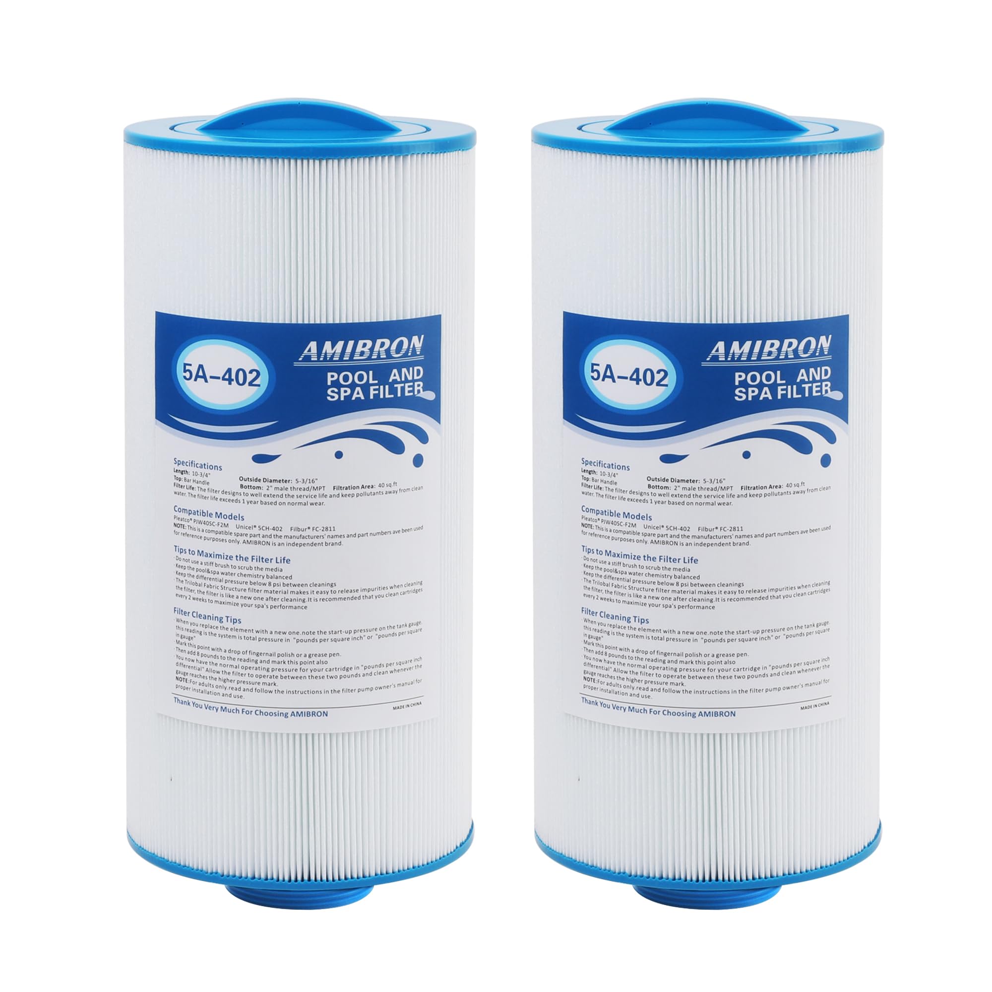 AmiBron 5CH-402 Replaces Tuff Spa Filter, Compatible with Sundance Spas 6540-723, Pleatco PJW40SC-F2M, Filbur FC-2811, Unicel 5CH-402, Del Sol Spas, 2" Male Thread/MPT 40 sq.ft. Hot Tub Filter 2 Pack