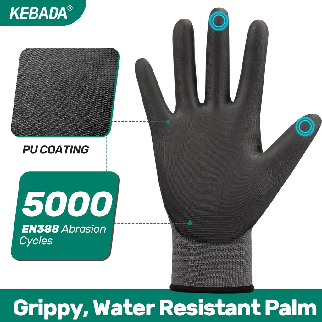 Kebada W1 Work Gloves for Men and Women, PU Coated Safety Gloves with Grip, Touchscreen, Ideal for Warehouse Package Handling, Construction, Gardening, 12 Pairs Gray Medium