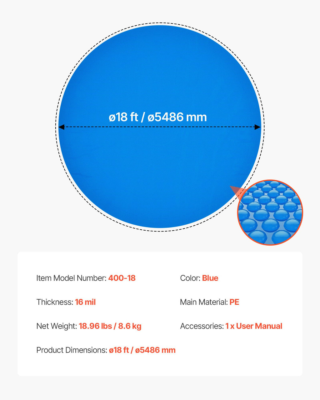 VEVOR Solar Pool Cover, 18 ft Round Pool Bubble Cover, 16 Mil Pools Solar Blanket with Bubble & PE Material, Daytime Heat Absorption, Nighttime Heat Retention, Heat Retaining Solars Covers, Blue
