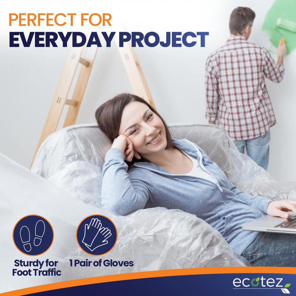 Ecotez 12 Pack 12 x 9 ft Extra Large Plastic Drop Cloth for Painting - Light & Durable Tarp Cover for Furniture - Plastic Clear Tarp Waterproof - Paint Floor Covering - Painters Drop Cloth Sheeting