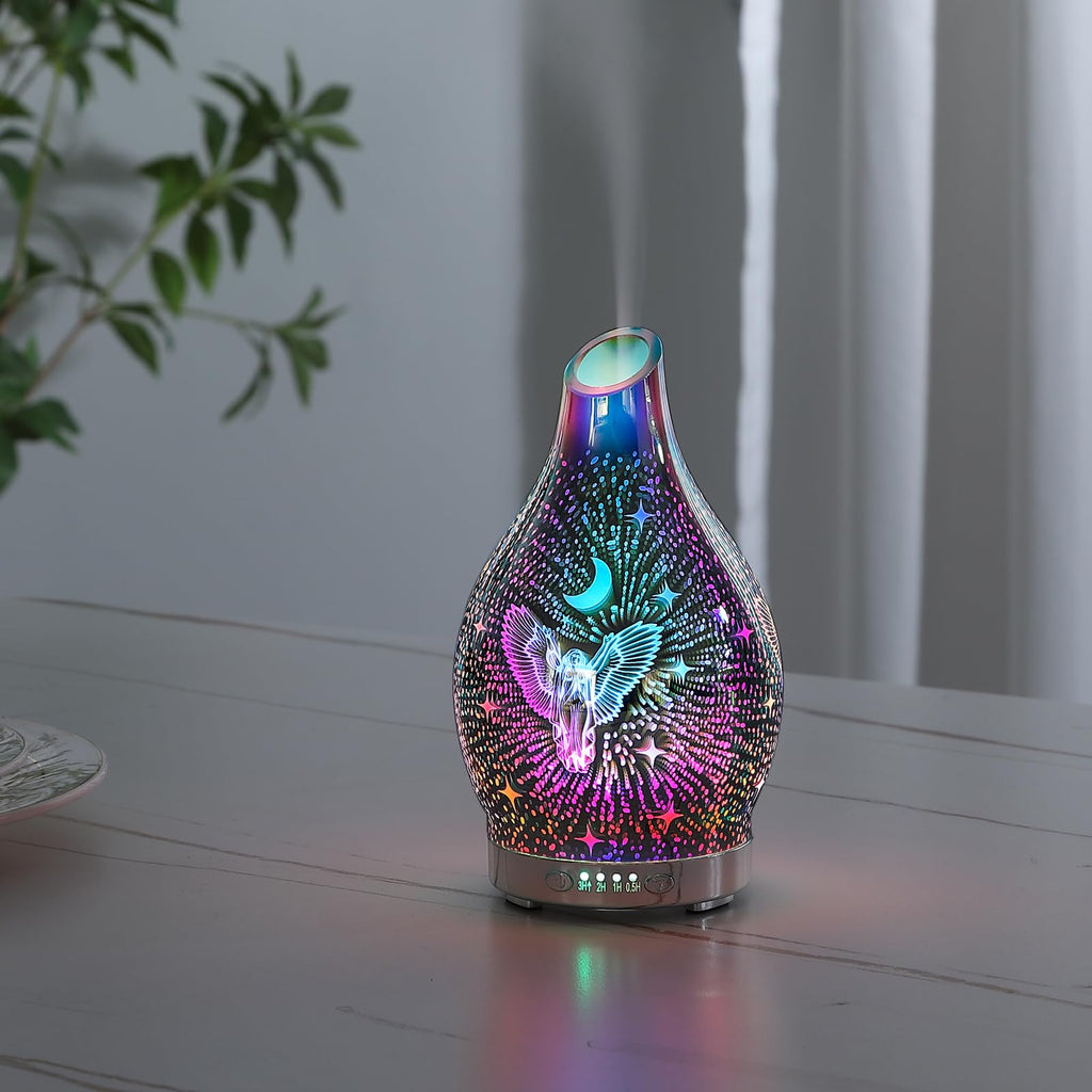 MAXWINER Essential Oil Diffuser 3D Glass Angel Aromatherapy Diffuser, Ultrasonic Cool Mist Oil Diffuser, Auto Shut-Off, Timer Setting, 7 Colors LED Lights Changing for Home, Office, Spa 120ml