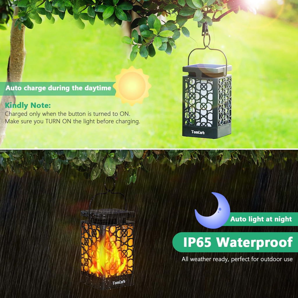 TomCare Solar Lights Outdoor Upgraded Solar Lantern Flickering Flame Outdoor Waterproof Hanging Lanterns Decorative Solar Powered Outdoor Lighting LED Christmas Lights for Patio Deck Yard, 2 Pack