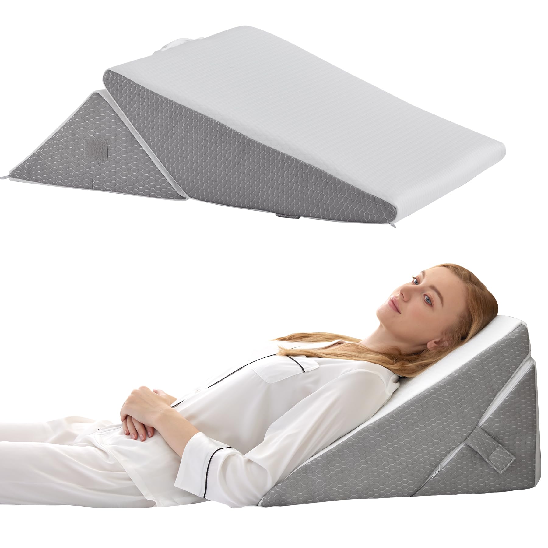 Bedluxe Wedge Pillow for Sleeping, Adjustable 9&12 Inch Foldable Bed Wedge Pillow Set, Orthopedic Memory Foam Triangle Pillow Wedge, 7-in-1 Elevated Pillows for Leg and Back Support, White/Grey