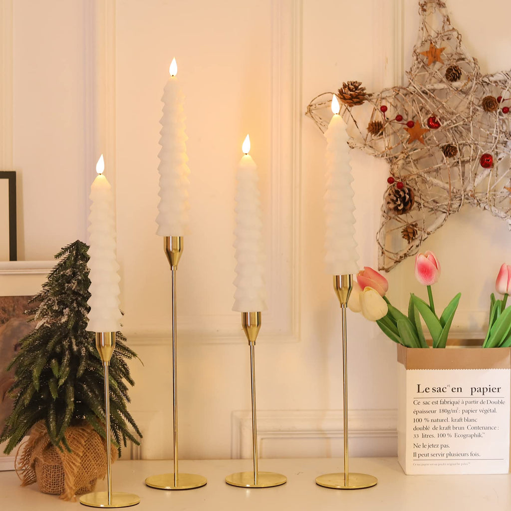 Fo32won Snowy White LED Flameless Taper Candles Battery Operated with Remote and Timer, Set of 4 Christmas Real Wax Window Candlesticks with 3D Flame Wick, 10 Inches Flickering Christmas Candlesticks