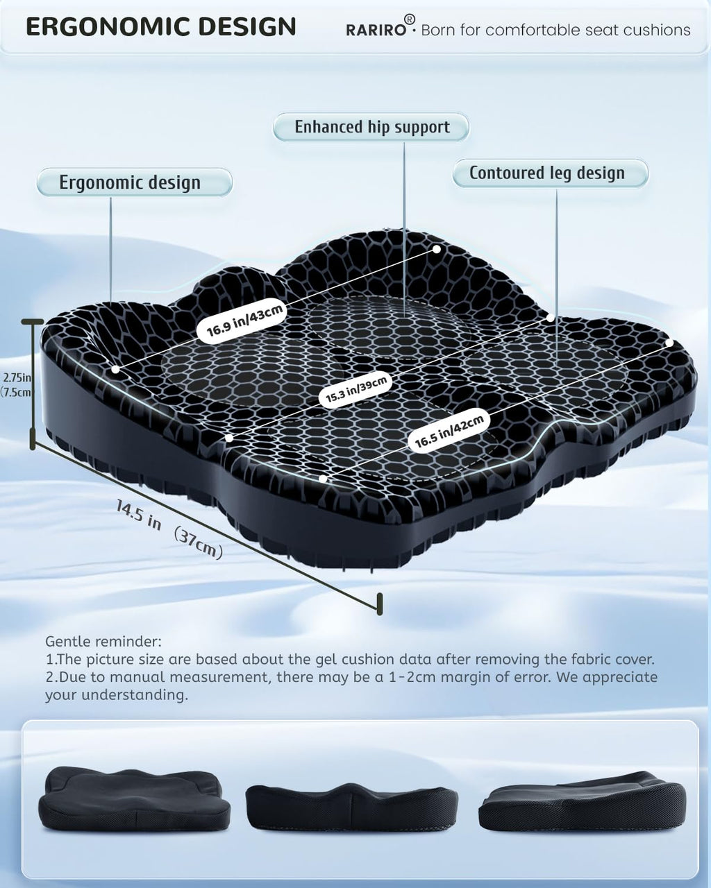 Thickened Gel Seat Cushion, Chair Seat Pads for Wheelchair, Gel Cushion Seat for Pressure Coccyx Sciatica Pain Relief, Egg Cushion for Car Office Chair, Cooling Cushion for Long Sitting[Black-2.75"]