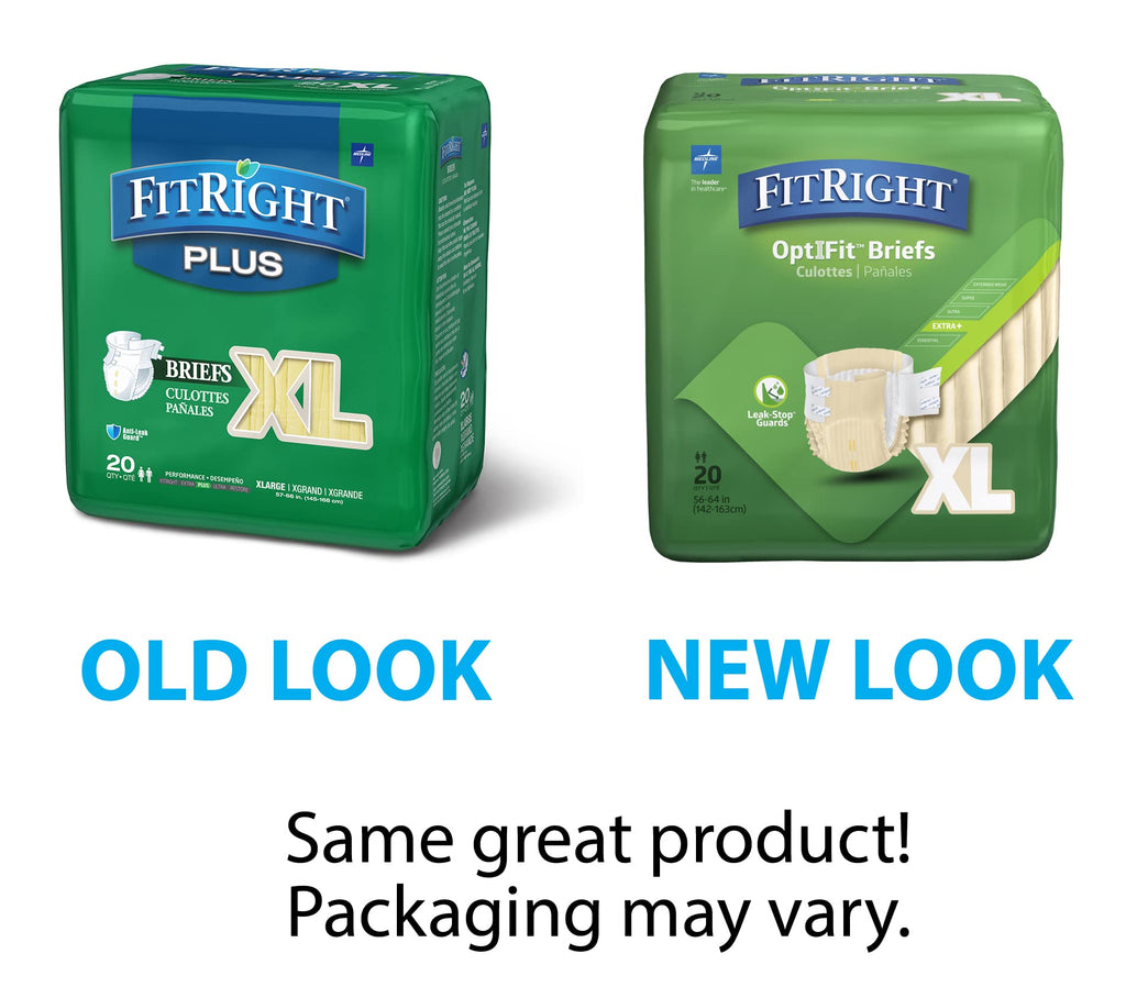 FitRight OptiFit Extra+ Adult Diapers with leak stop guards, Disposable Incontinence Briefs with Tabs, Moderate Absorbency, X-Large, 57"-66", 20 count (Pack of 4)