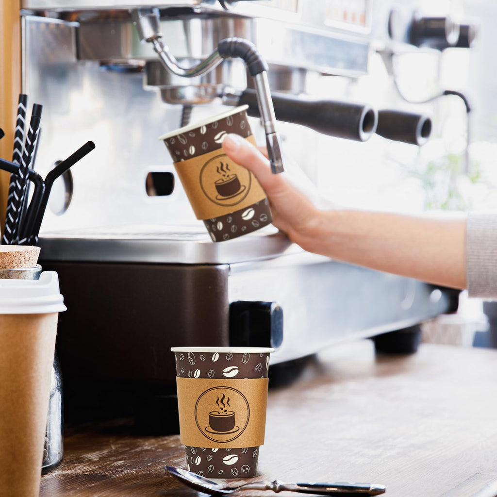 JOLLY PARTY Disposable Coffee Cups with Lids, Sleeves and Straws - 12oz(100 Pack) Paper Coffee Cups with Lids, Durable, BPA Free Hot Coffee Cups for Shops, Cafes, and Concession Stands(Dark Brown)