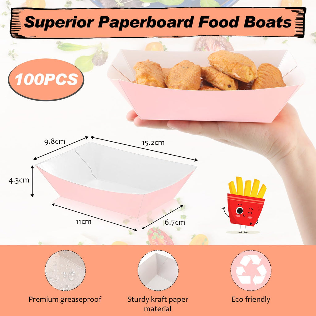 Yinkin 100 Pcs 2lb Paper Food Trays Boat 2lb Disposable Nacho Trays Kraft Paper Boat for Tacos Concession Halloween Christmas Party Supplies (Light Pink)
