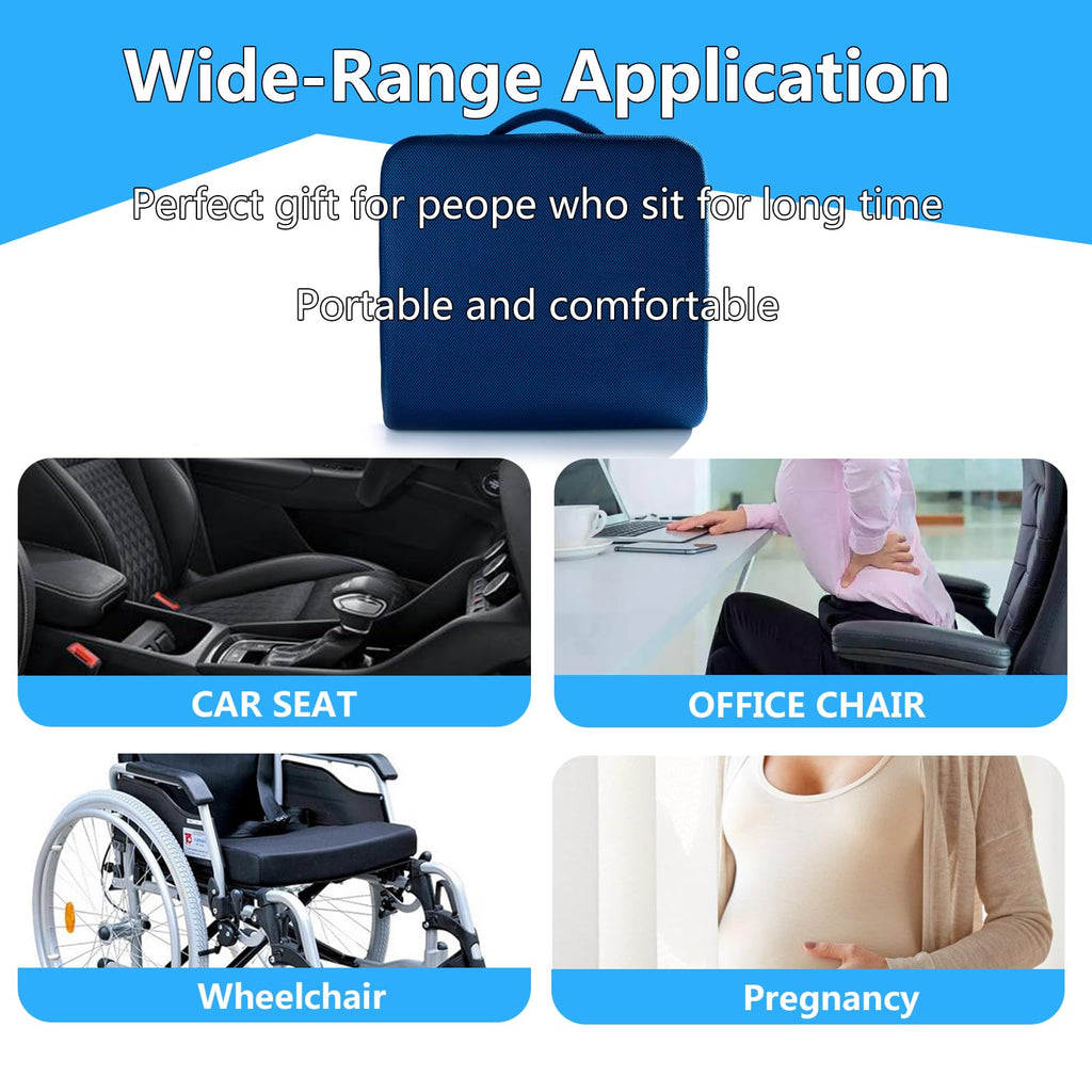 YOUFI Extra Thick Large Seat Cushion -19 X 17.5 X 4 Inch Gel Memory Foam Cushion with Carry Handle Non Slip Bottom - Pain Relief Coccyx Cushion for Wheelchair Office Chair (Blue (1PACK))