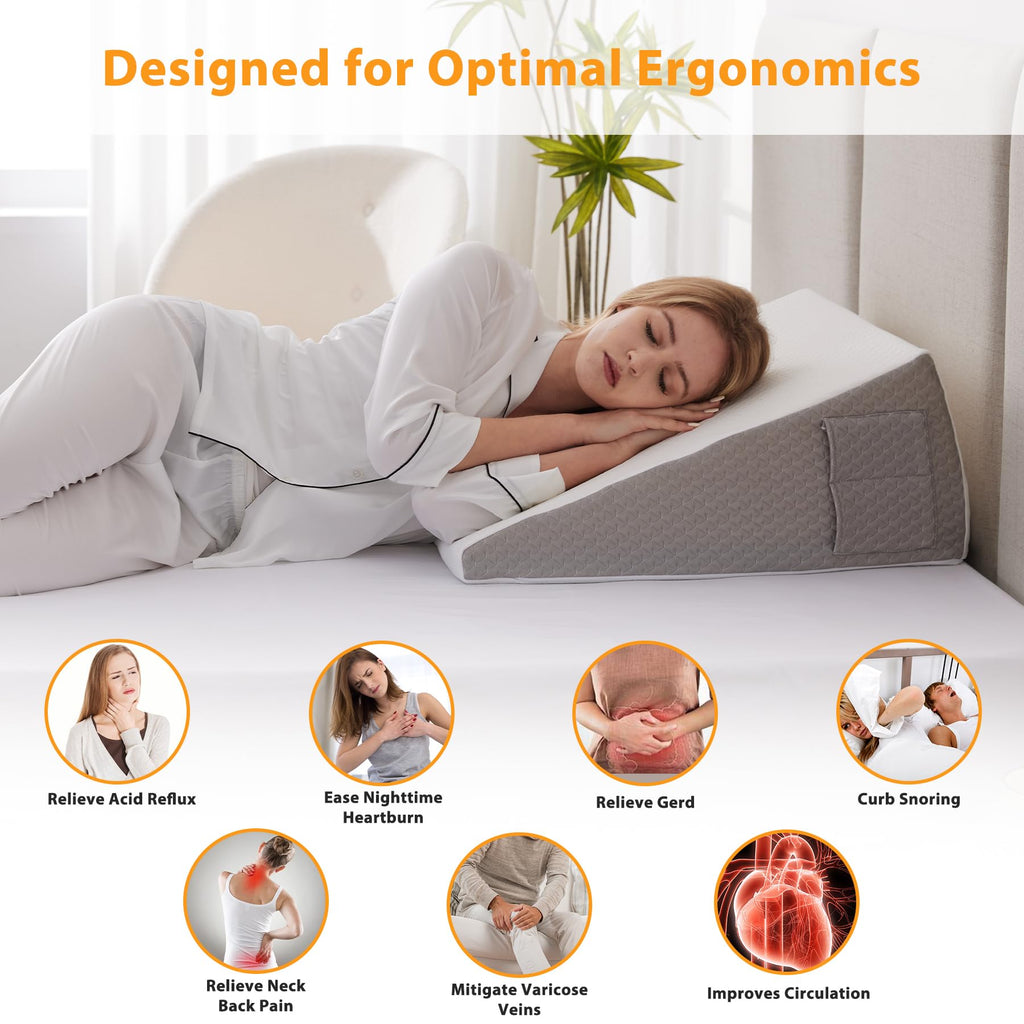 Ruqmuis Wedge Pillow for Acid Reflux, Bed Wedge Pillow for Headboard 10", Pillow Wedge for Back Pain Relief, Post Surgery, Elevated Pillows for Sleeping, Snoring, Triangle Pillow with Cover, White
