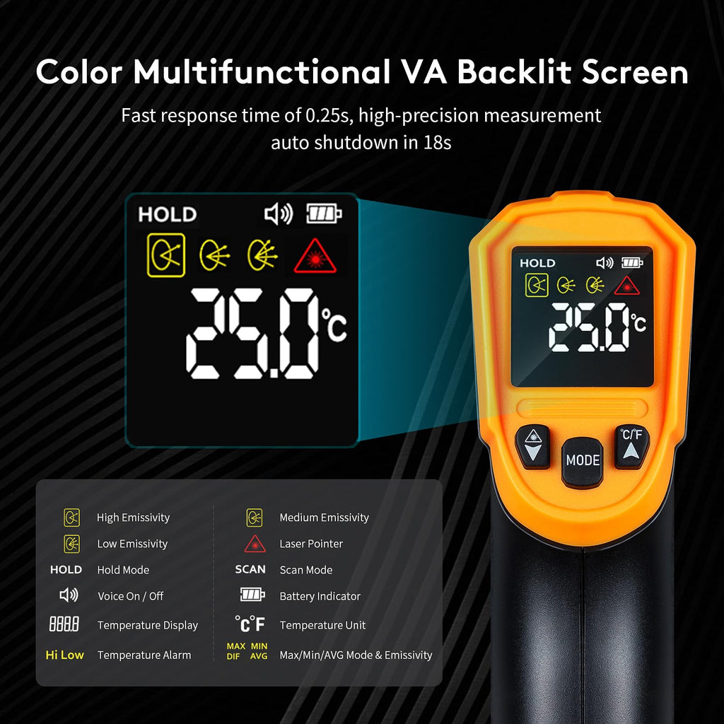 Infrared Thermometer Temperature Gun(NOT for Humans),-58°F~1832°F(-50°C~1000°C),High&Low Alarm,Non-Contact,MAX/MIN/DIF/AVG Display Digital Laser Thermometer Gun for Cooking,Industrial
