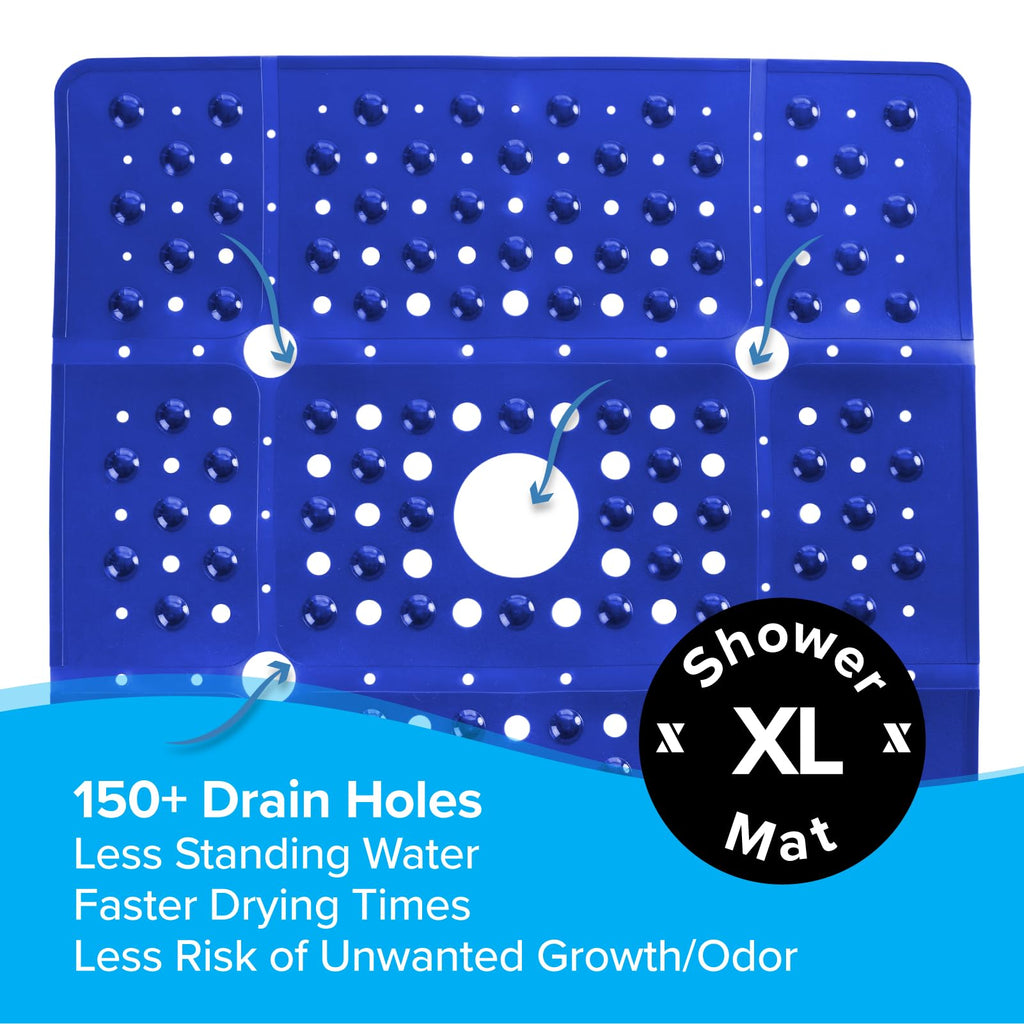 SlipX Solutions Extra Large Square Shower Mat, 27"x27", Non-Slip Stall Mat for Elderly & Kids Standing Bath Tub Mat, Machine Washable, Suction Cups, Solid Navy Blue