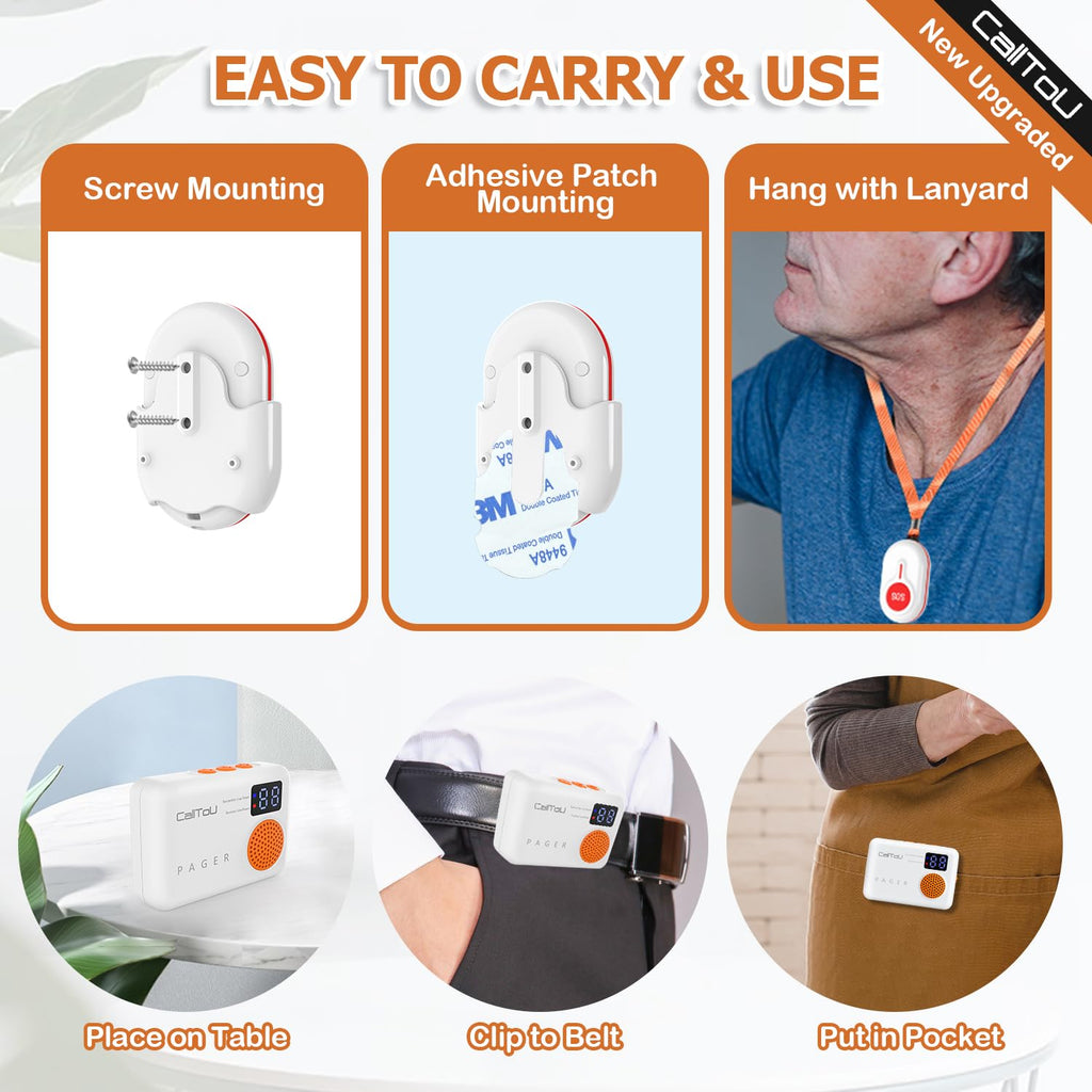 CallToU 1000FT Caregiver Pager Wireless Call Button with Vibration Digital Display Low Power Reminder for Elderly Monitoring Nurse Alert Call Button Call Bell for Patients/Disabled/Home/Office