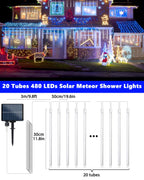 Solar Meteor Shower Icicle Lights - 20 Tubes 480 LED Raindrop Lights with Timer Function Falling Rain Lights for Holiday Party Christmas Decorations (White)