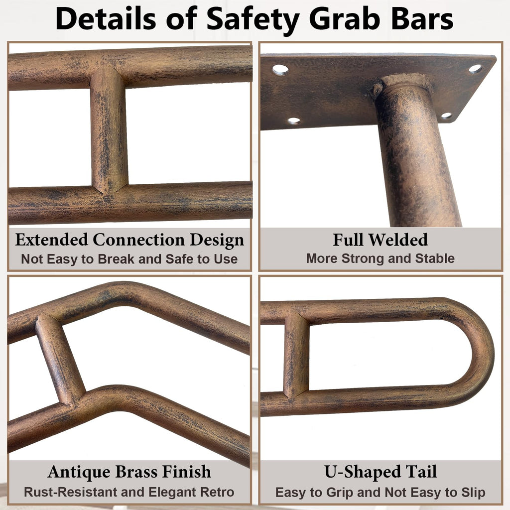 2 Pack Hand Rails for Outdoor 1-3 Steps, 27" Bent Wall Mount Handrail, Antique Metal Stair Handrails, Grab Bars with 2 Anti-Skid Crossbar for Garage Porch Stairs for Elderly Kids Disabled