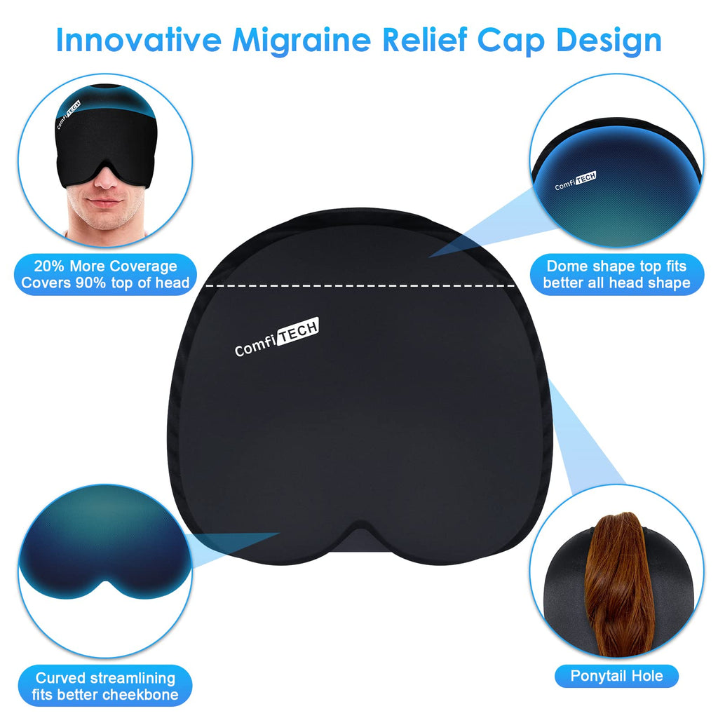 Comfitech Migraine Ice Head Wrap, Headache Relief Hat for Migraine Cap for Tension Puffy Eyes Migraine Relief Cap for Sinus Headache and Stress Relief Cold Compress (Medium Black)