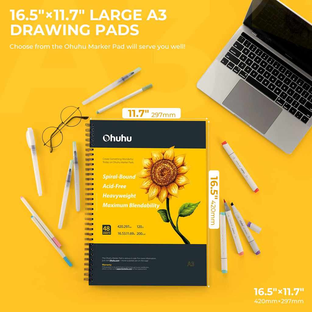 Ohuhu Marker Pads Art Sketchbook, 16.5"x11.7" XL A3 Large Paper Size, 120LB/200GSM Heavy Smooth Drawing Papers, 48 Sheets/96 Pages, Spiral Bound Sketch Book for Alcohol Markers Christmas Gift