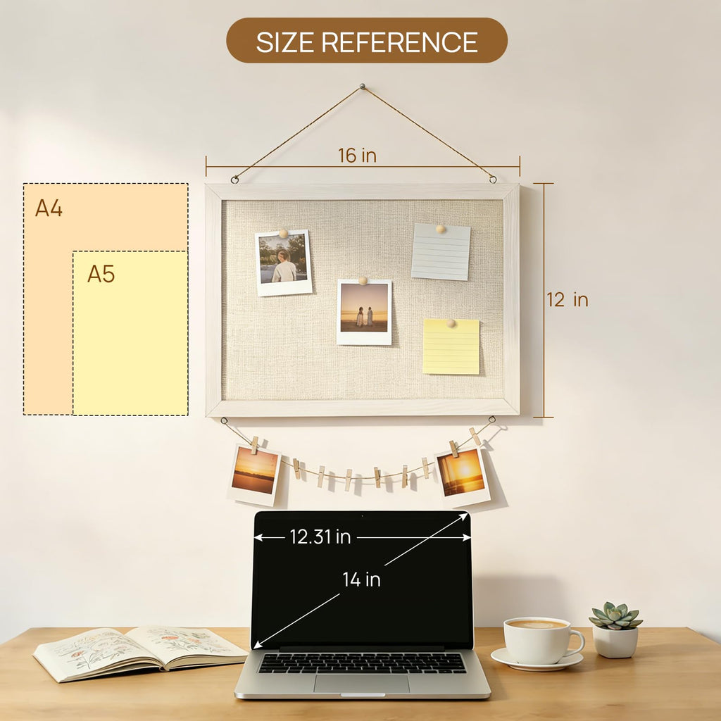 Bulletin Boards with Linen 1-Pack 16''X 12'' Double-Sided Cork Board for Walls Wood Framed Bulletin Boards, Small Pin Board for Home Kitchen Office Decorative Hanging 10 Pushpins