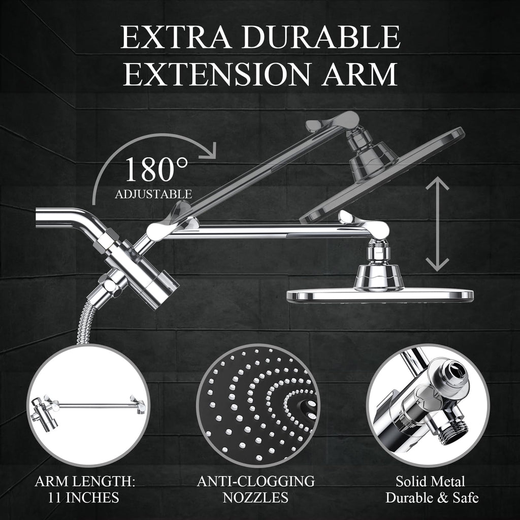 Veken 11.8 Inch Rectangle High Pressure Rain Shower Head Combo with Extension Arm- Wide Showerhead with 5 Handheld Water Spray - Adjustable Dual Showerhead with Anti-Clog Nozzles - Silver Chrome