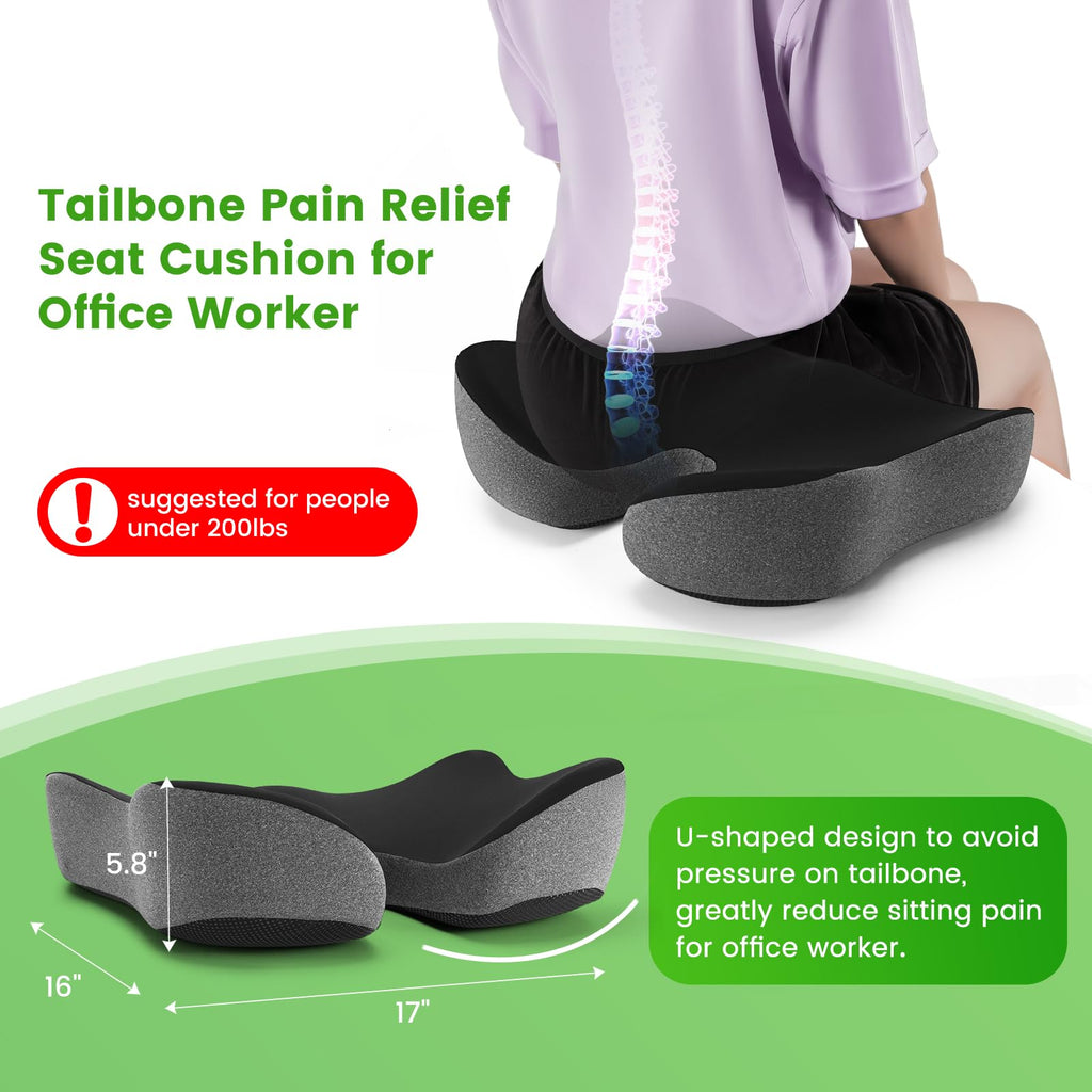 Deep U Tailbone Pain Relief Seat Cushion for Long Sitting on Office Chair, Wheelchair, Car Seat, Home Seat - Slope Curve Hemorrhoids Pillow for Hip, Tailbone, Coccyx, Sciatica Pain-Black/Gray