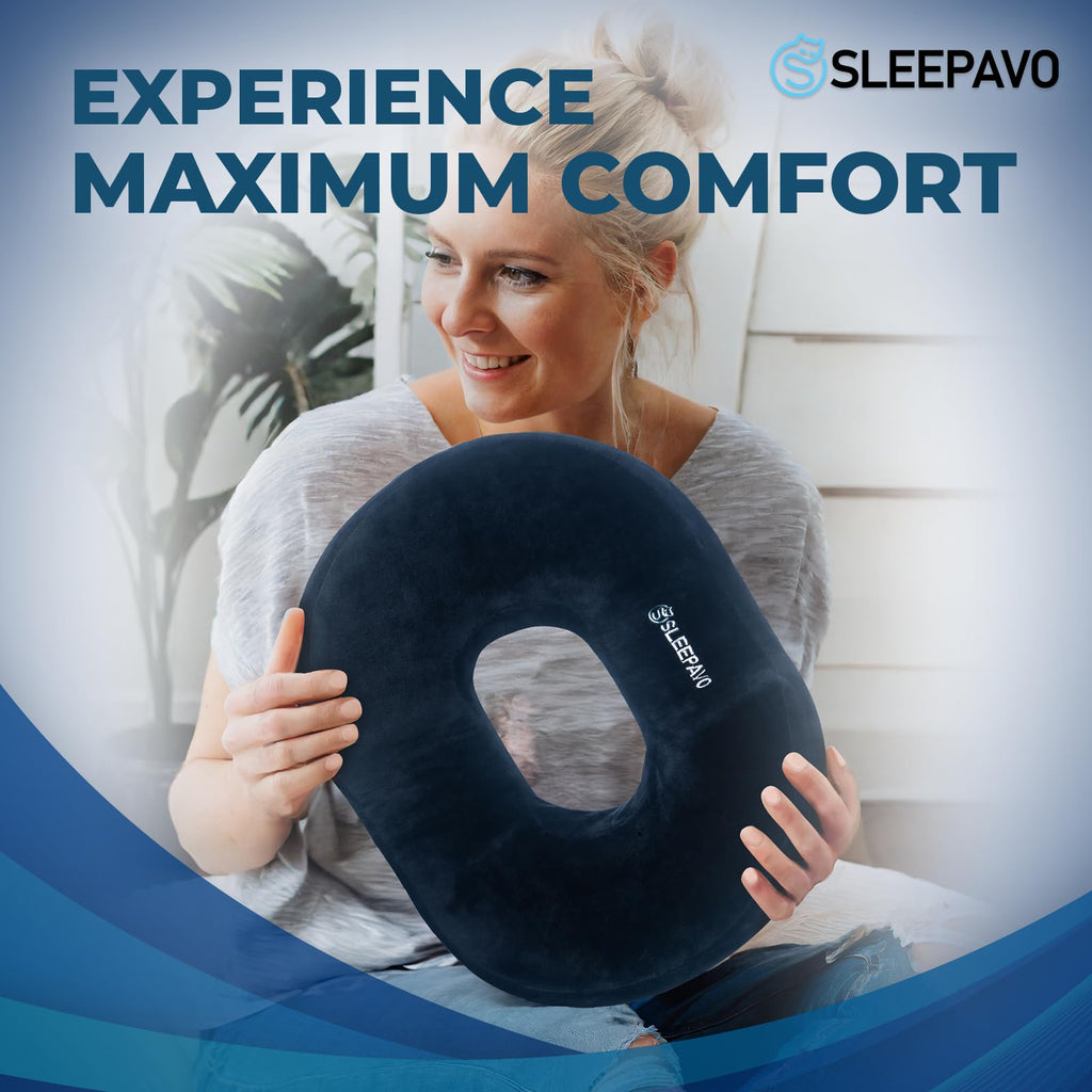 Sleepavo Butt Donut Pillow for Tailbone Pain Relief Cushion - Hemorrhoid Pillows - Sitting Butt Pillow for Office Chair, Travel, Car, Coccyx, Sciatica, Postpartum Pregnancy Sitting Donut Seat Cushion