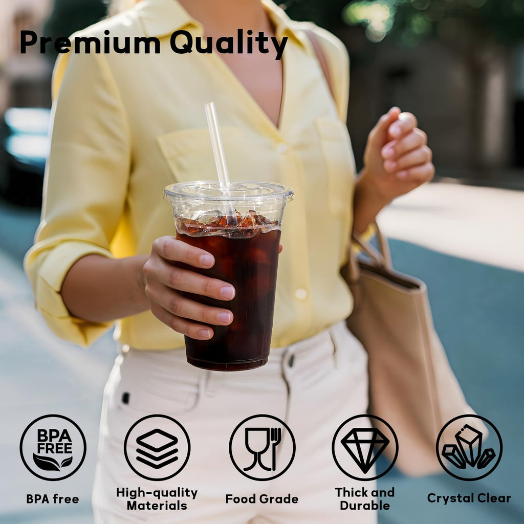 25 Pack - 16 oz Plastic Cups with Lids and Straws, Clear Iced Coffee Cups with Lids, Disposable Cups with Lids for Cold Drinks, Iced Tea, Milkshakes, Smoothies - Durable & BPA Free