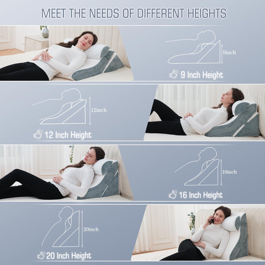 Flyxunfri Wedge Pillow Headboard Orthopedic Bed Wedge Pillows Set 9&12&16&20 Inches Adjustable Memory Foam for Acid Reflux Relief Ergonomic Incline Reading Pillow for Back Pain