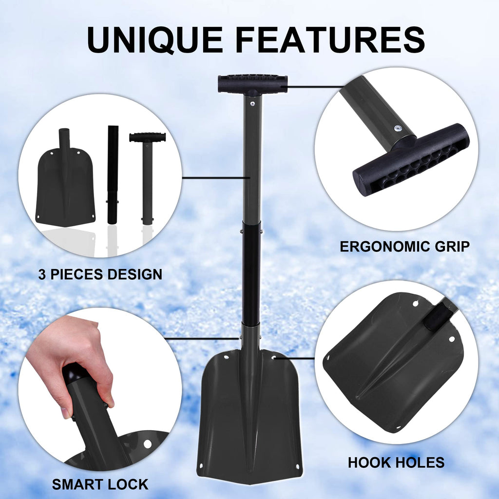 CARTMAN 32.5 Inch Folding Emergency Snow Shovel 3 Piece Aluminum Lightweight Portable Sport Utility Shovel for Car Trunk Camping Garden Beach with Ice Scraper Carrying Bag, Black