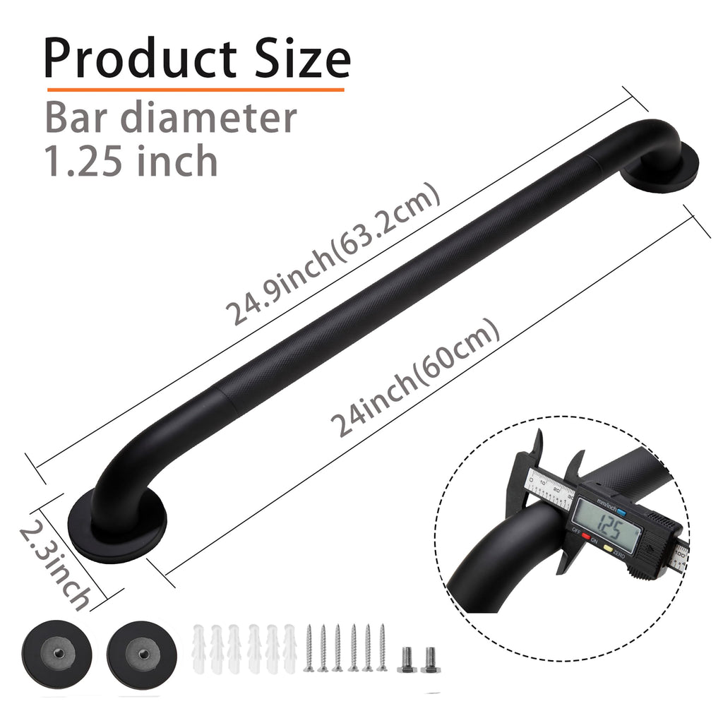 Rackickyer Shower Grab Bar, 2 Pack 24 Inch Black Bathroom Grab Bar, 1.25" Diameter 304 Stainless Steel Anti-Slip Grab Bars for Bathtubs and Showers, Handicap Shower Grab Bar for Seniors Elderly