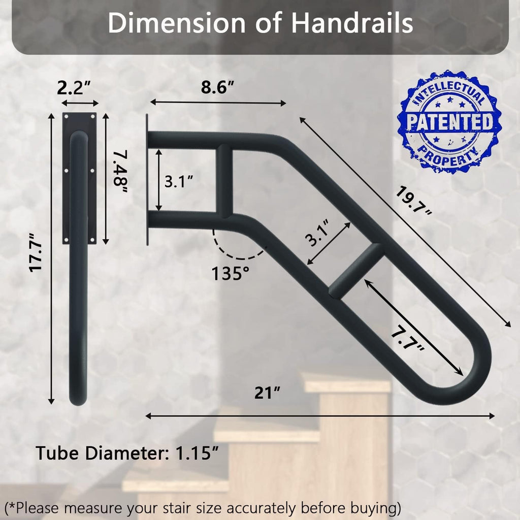 Upgraded Stair Handrails for 1-3 Steps, Wall Mounted Safety Grab Bar with Matte Finish, 27" Length Handrails for Outdoor and Indoor, Hand Rail with 2 Anti-Skid Crossbar Good for Elderly,Kids,Disabled