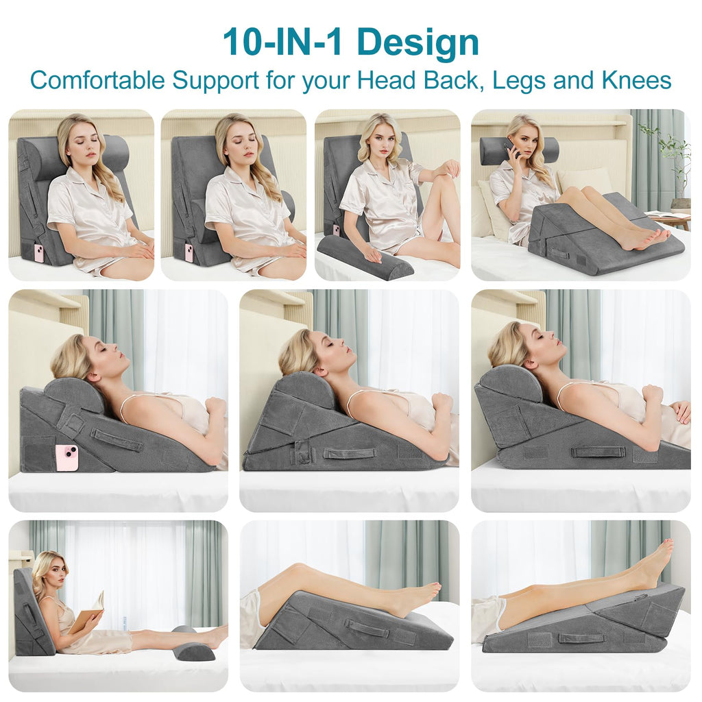 Domusensus Bed Wedge Pillow for Sleeping, 3Pcs Adjustable 9&12 Inch Fold Wedge Pillow for Sleeping,Back Pain Relief,Knee Support,Cooling Memory Foam Pillows for Acid Reflux,Snoring,Dark Grey