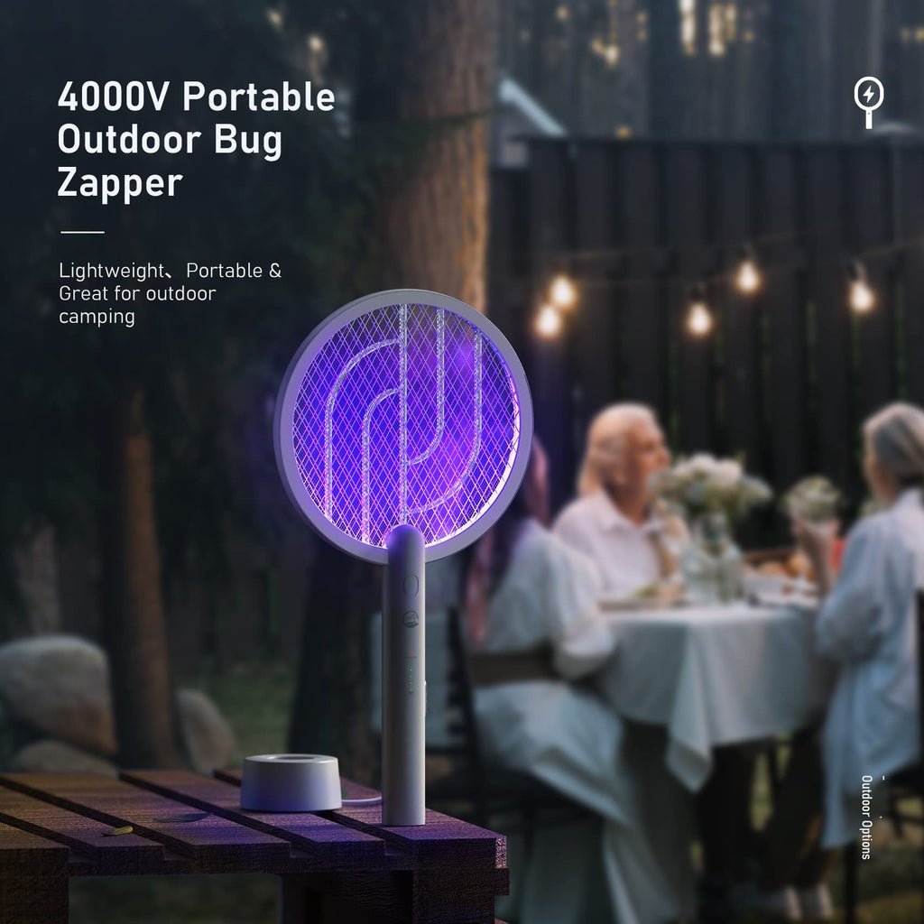 Electric Fly Swatter Racket, Mosiller 4000V 2 in 1 Bug Zapper with USB Rechargeable Base, Powerful Mosquitoes Trap Lamp & Fly Killer with 3-Layer Safety Mesh for Home, Bedroom, Kitchen, Patio（2 Pack）