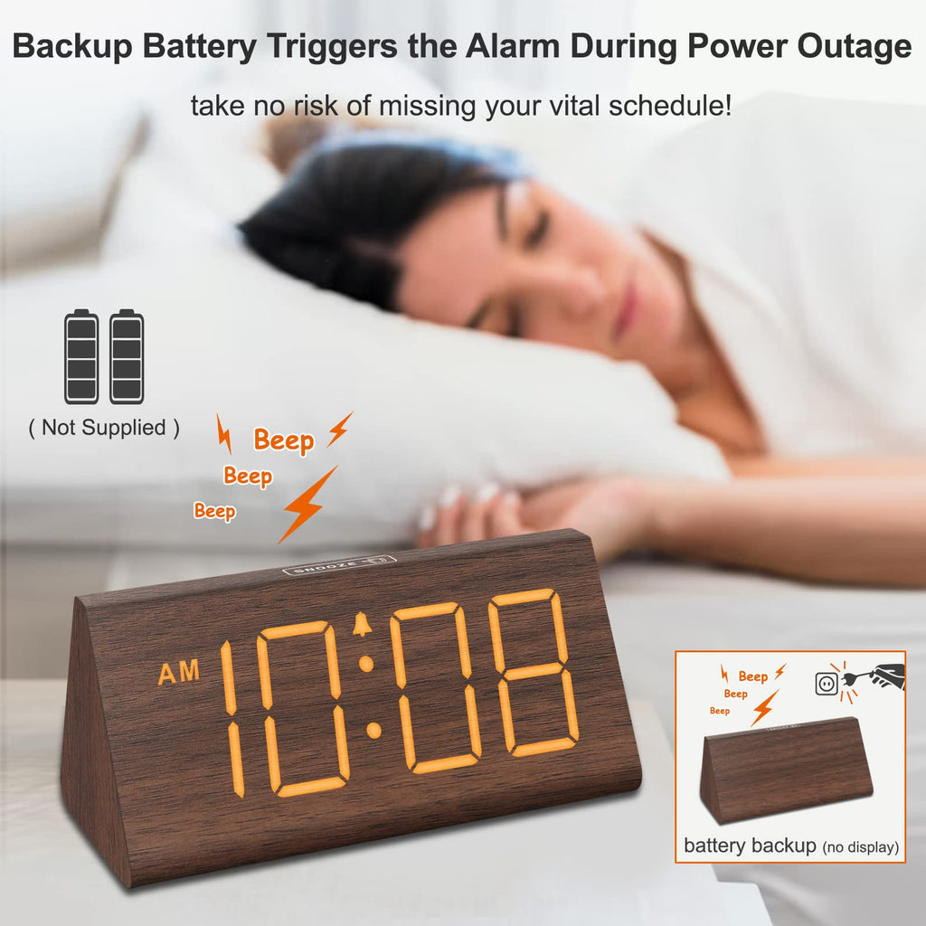 DreamSky Wooden Digital Alarm Clocks for Bedrooms - Electric Desk Clock with Large Numbers, USB Port, Loud Alarm for Heavy Sleepers, Adjustable Volume, Dimmer, Snooze, DST, 12/24H, Wood Décor (Brown)